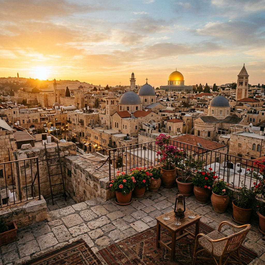 Sunset over Jerusalem old city showing stone buildings, church domes, Dome of the Rock, and rooftop terrace with plants
