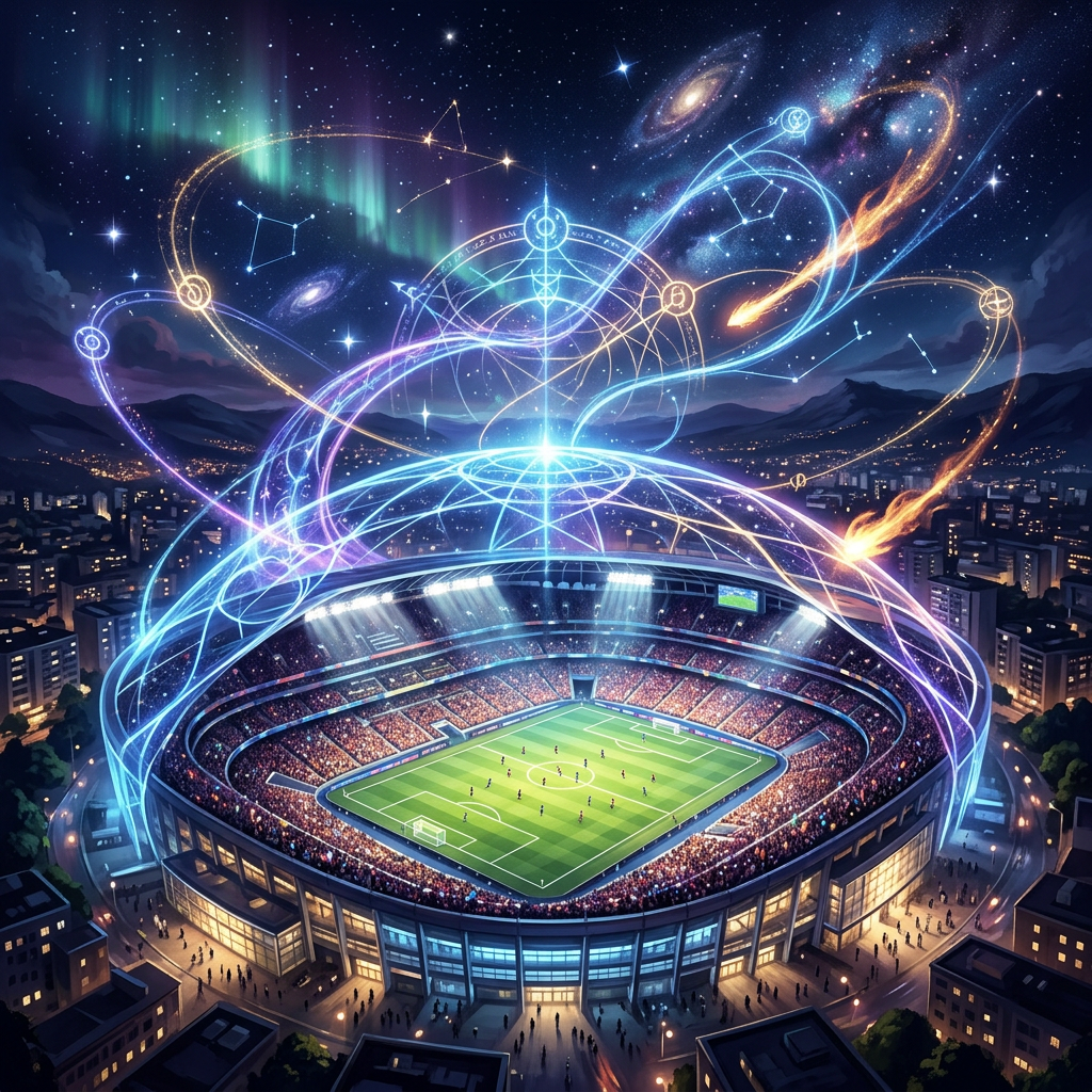 A large illuminated soccer stadium with fans watching a match and glowing cosmic symbols overhead