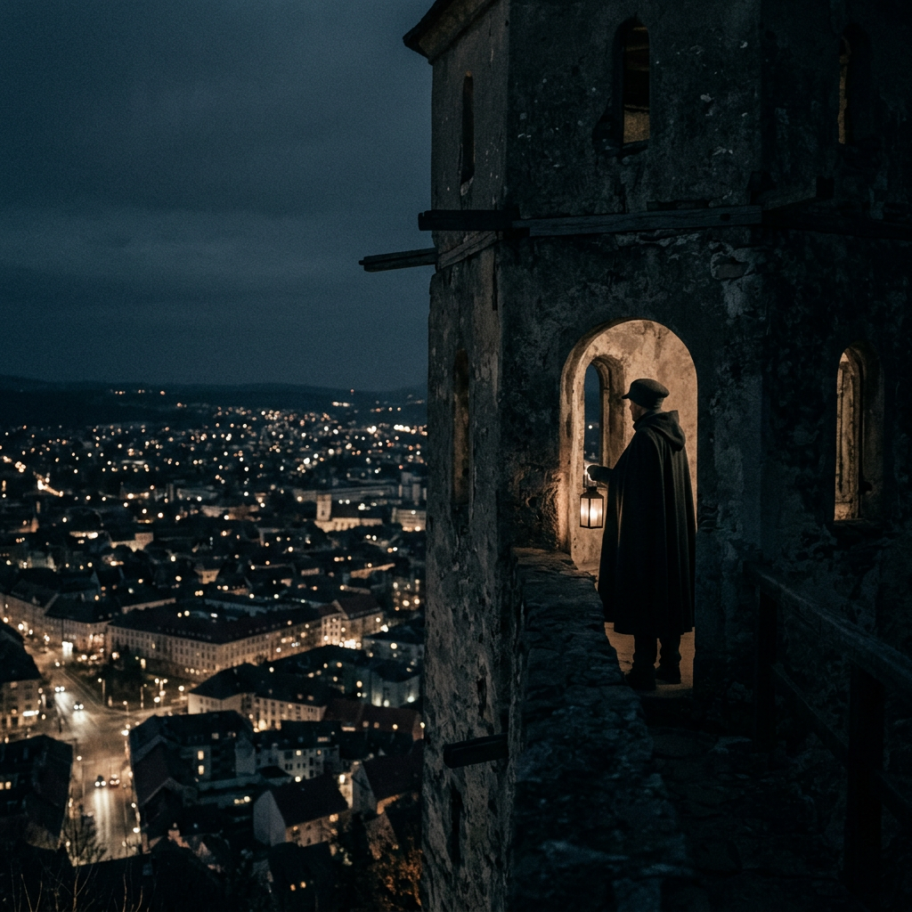 Person in cloak and hat holding lantern inside stone tower at night overlooking city lights