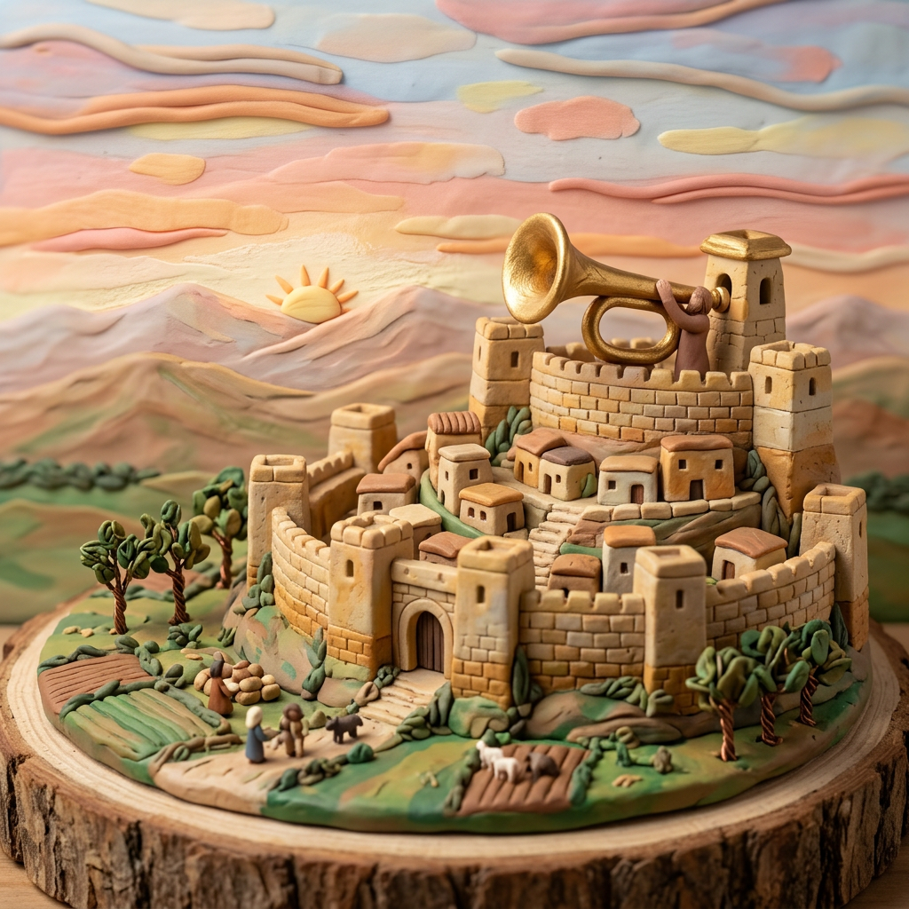 Miniature medieval town with stone walls, houses, trees, and a figure blowing a large trumpet at sunset