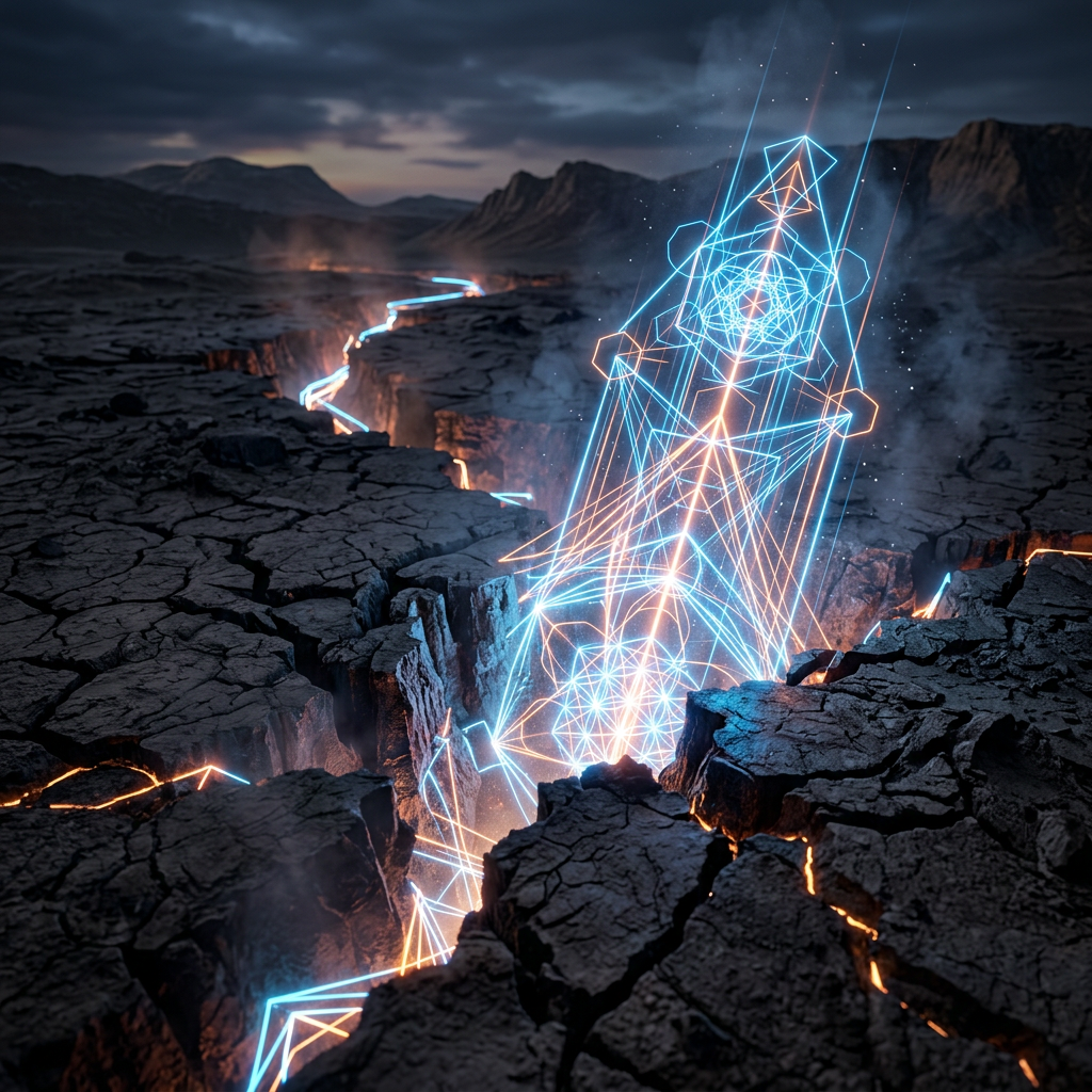 Neon blue and orange geometric light patterns emerging from a large cracked dry earth fissure in a dark rocky landscape.