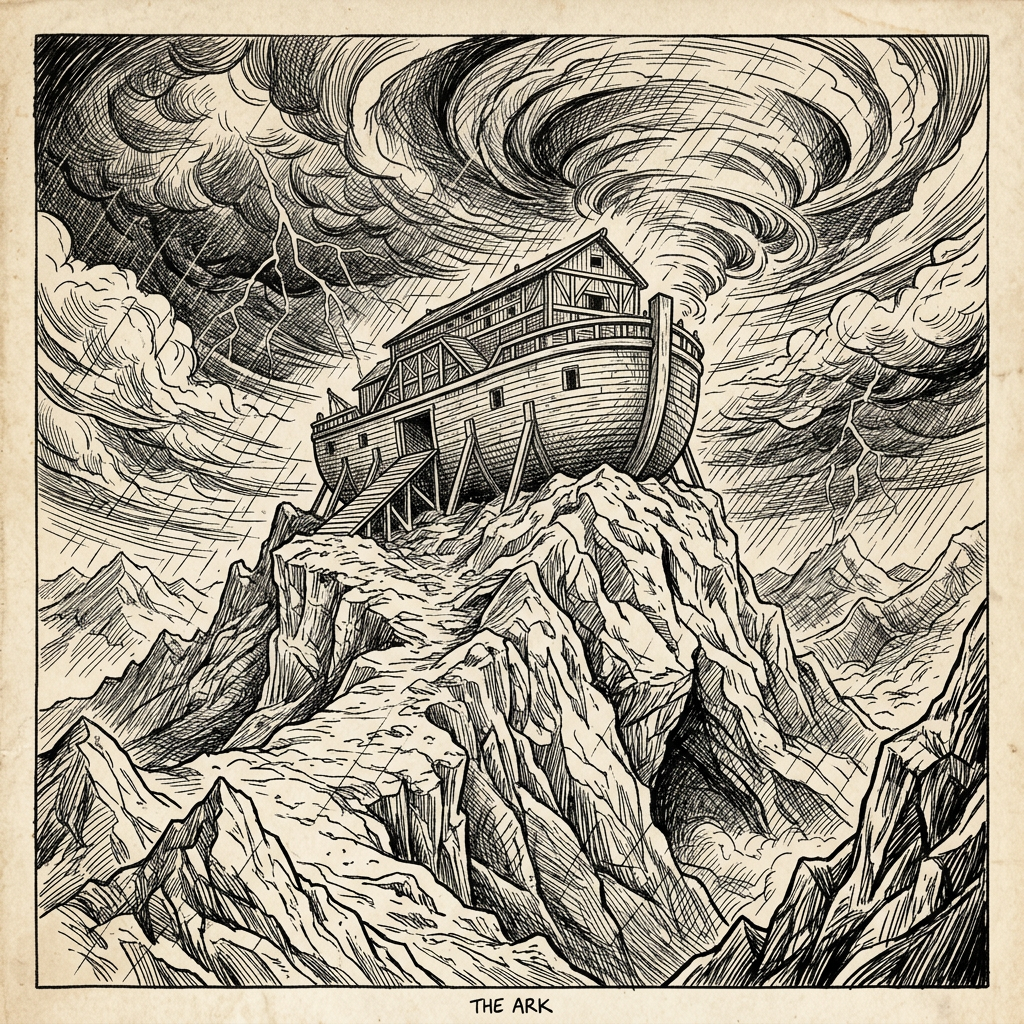 Noah's Ark on rocky mountain peak with storm clouds and lightning