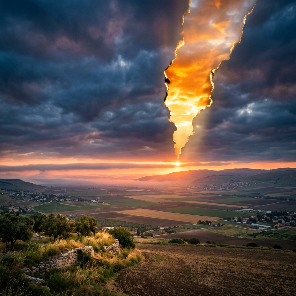 Sunset with bright orange light breaking through torn storm clouds above fields and hills