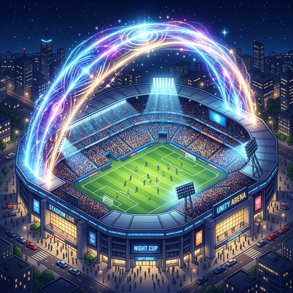 Nighttime soccer game in a packed stadium with light trails forming an arc above