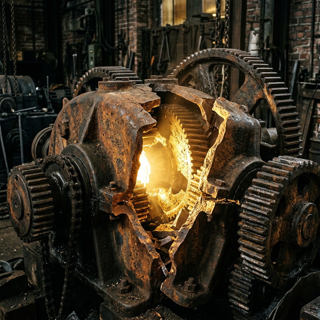 Broken rusty gears with bright glowing light inside in industrial workshop