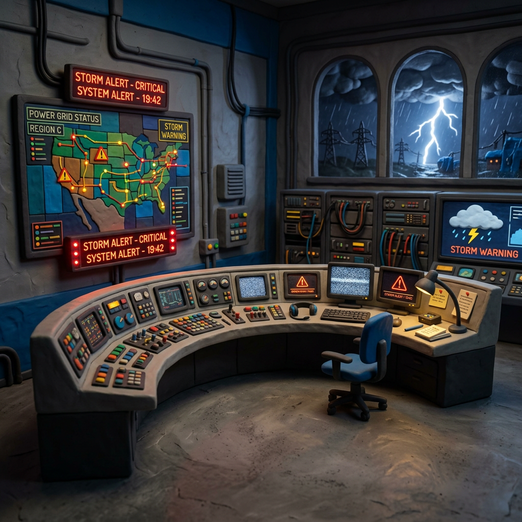 Power grid control room with storm alerts, multiple monitors, and a lightning storm outside