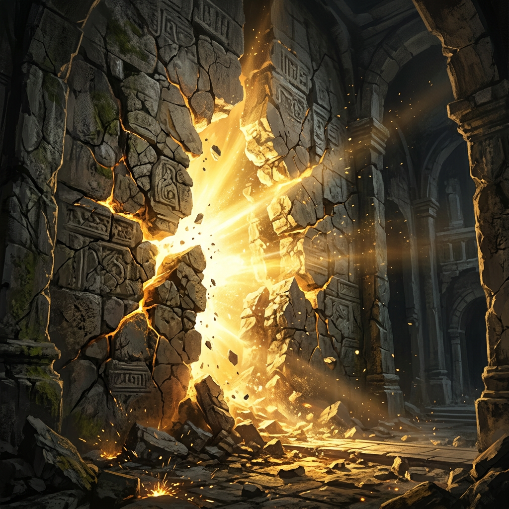 Ancient stone temple wall cracked and breaking apart with bright golden light and dust