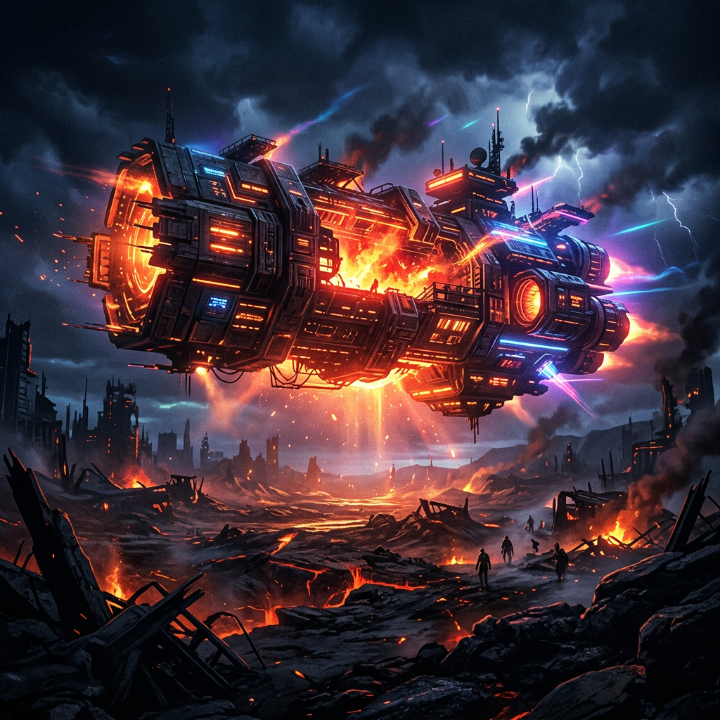 Futuristic warship emitting bright orange and blue lights hovering above a fiery battlefield with silhouetted figures and ruined buildings under a stormy sky.