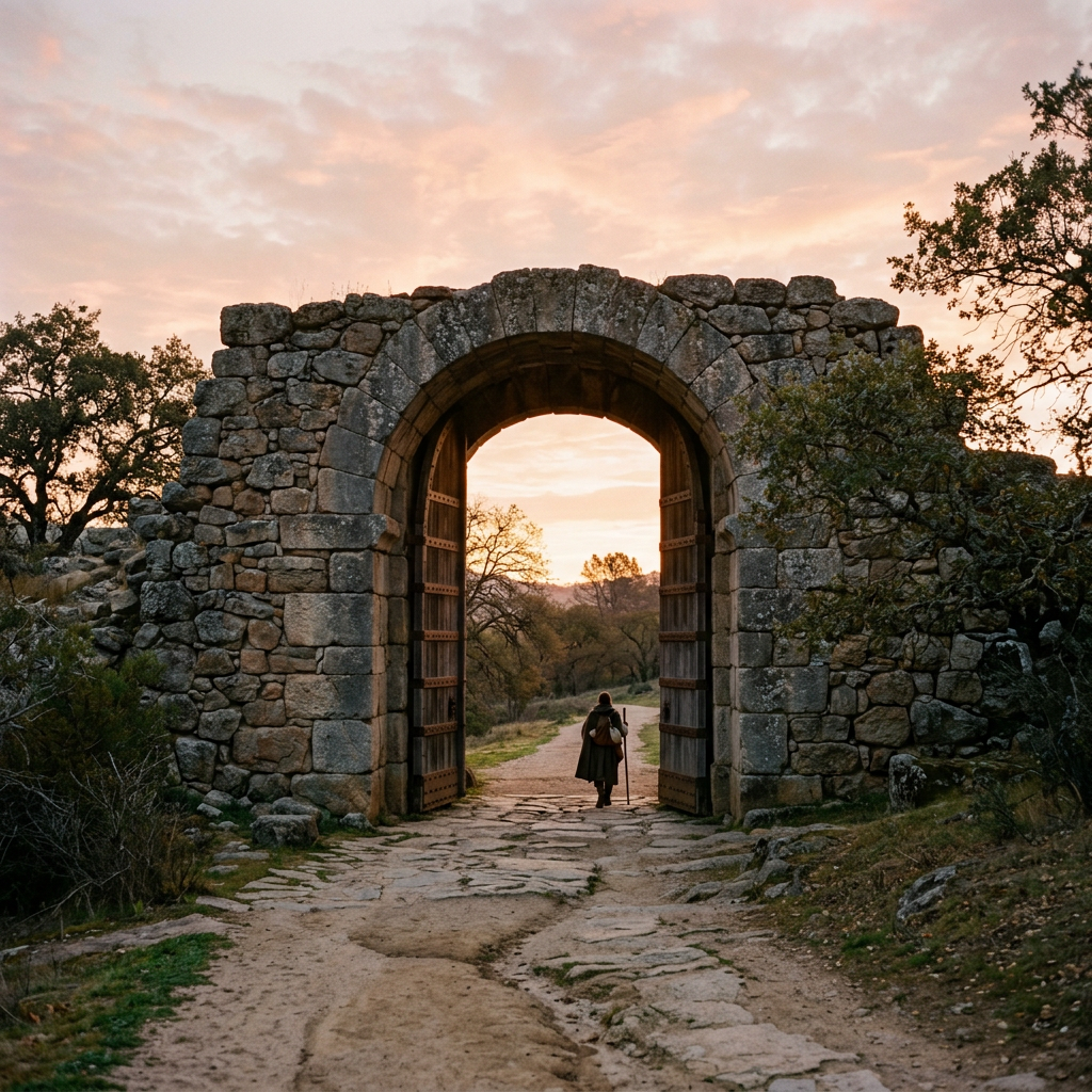 Person walking through a large ancient stone archway with wooden doors open at sunset