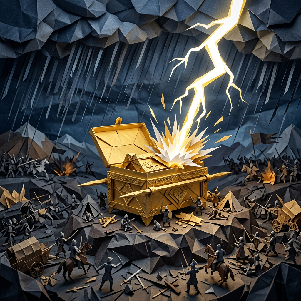 Golden treasure chest struck by lightning amid knights fighting on stormy battlefield