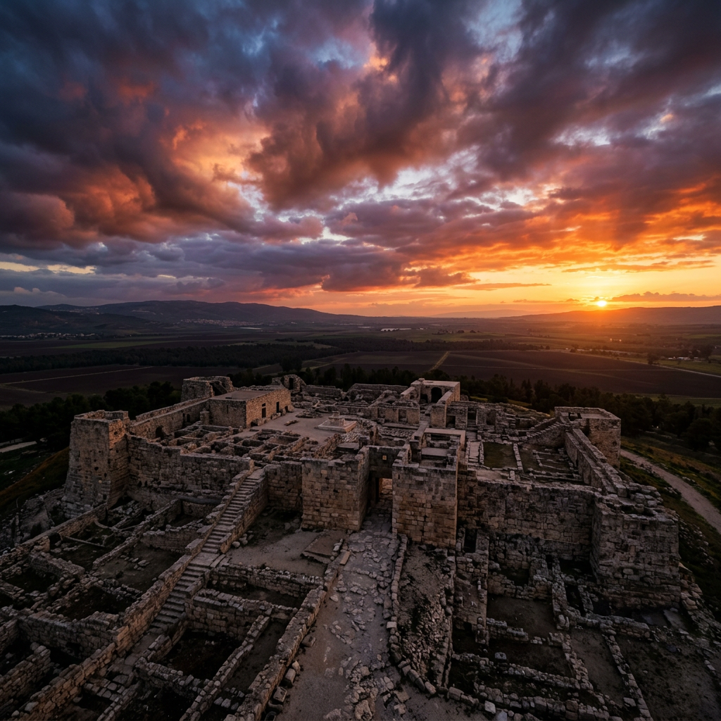 Ancient stone ruins on a hill with a vibrant orange and purple sunset sky