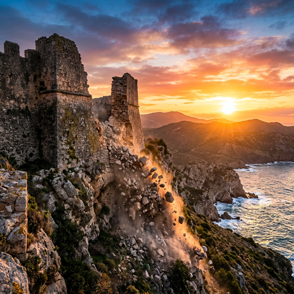 Old stone castle ruins collapsing with falling rocks and dust on coastal cliffs at sunset