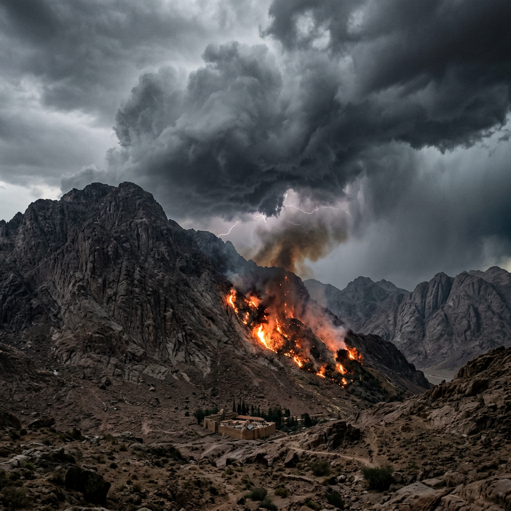 Wildfire burning on a rocky mountain slope under dark storm clouds and lightning.