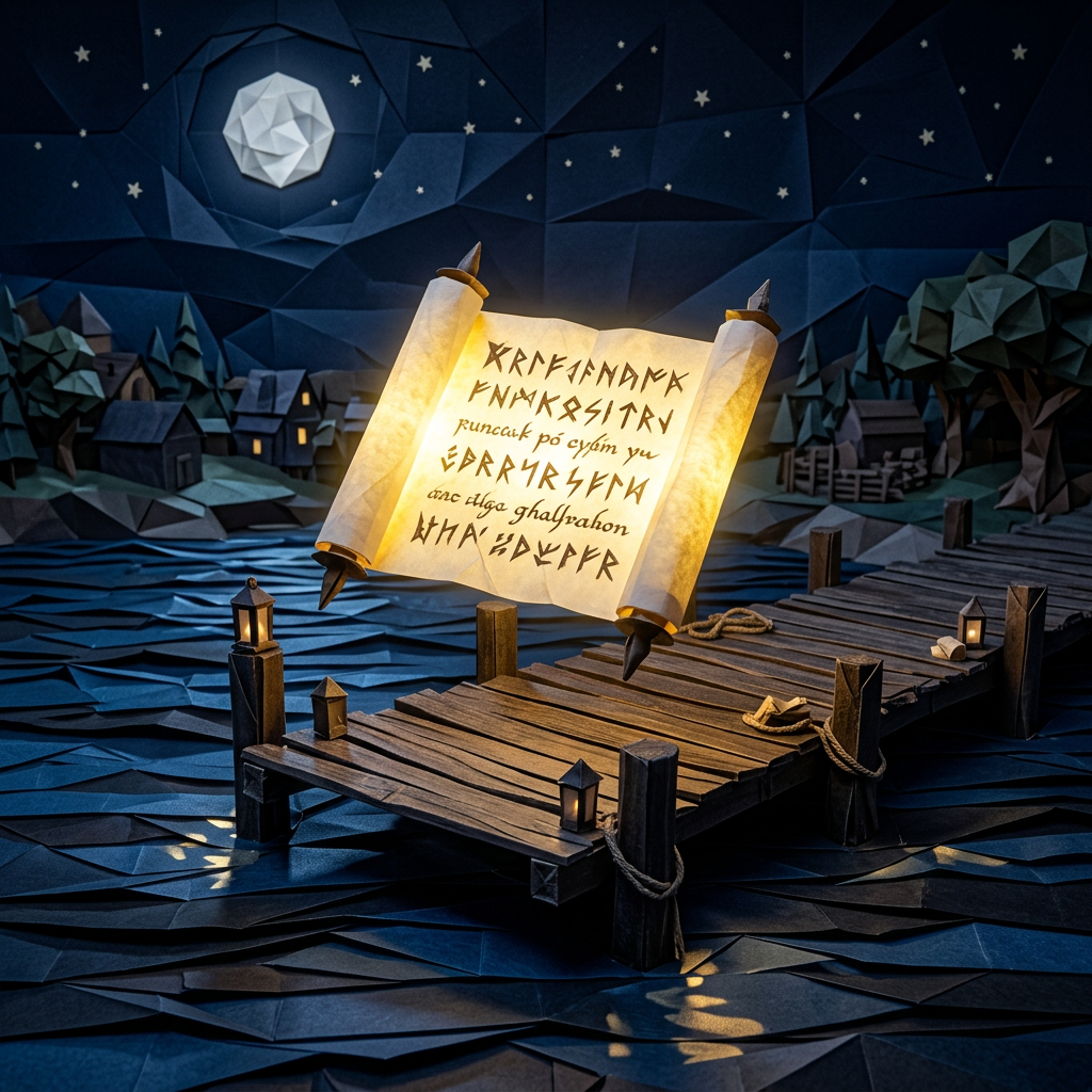 Glowing ancient scroll with runes floating above wooden dock at night