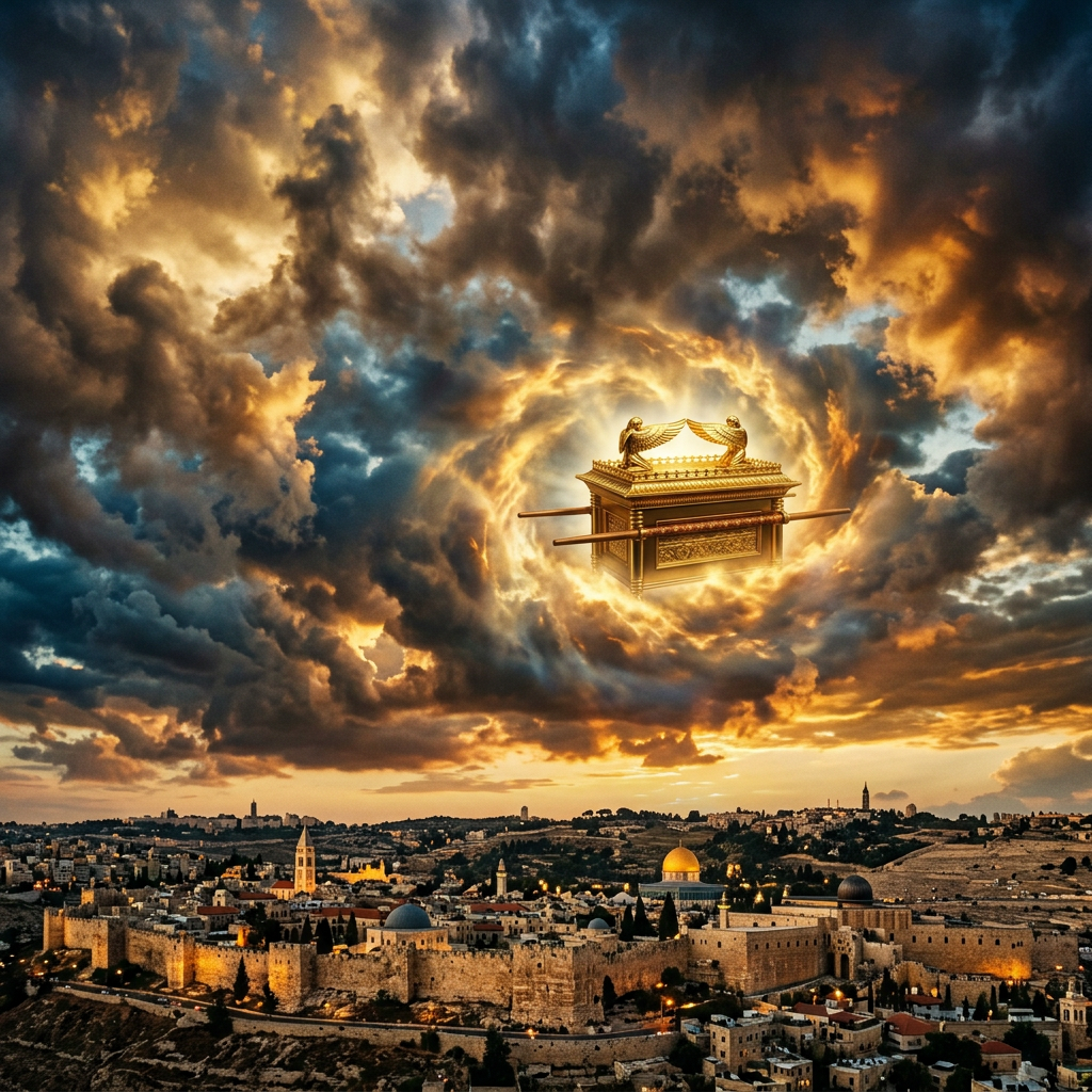 The golden Ark of the Covenant suspended in a swirling fiery cloud above Jerusalem at sunset