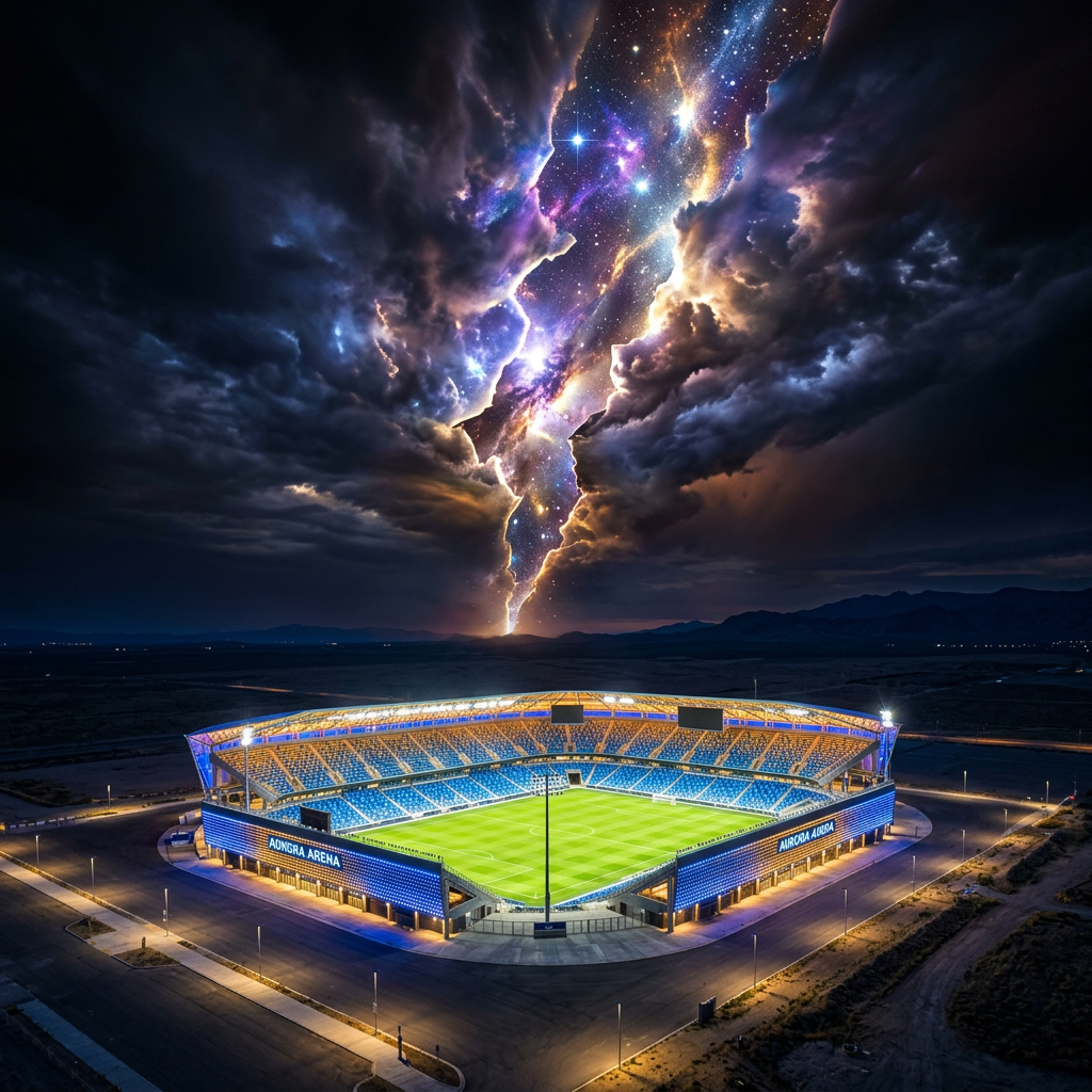 A brightly lit soccer stadium at night with a vivid cosmic sky and stars visible through a break in dark clouds