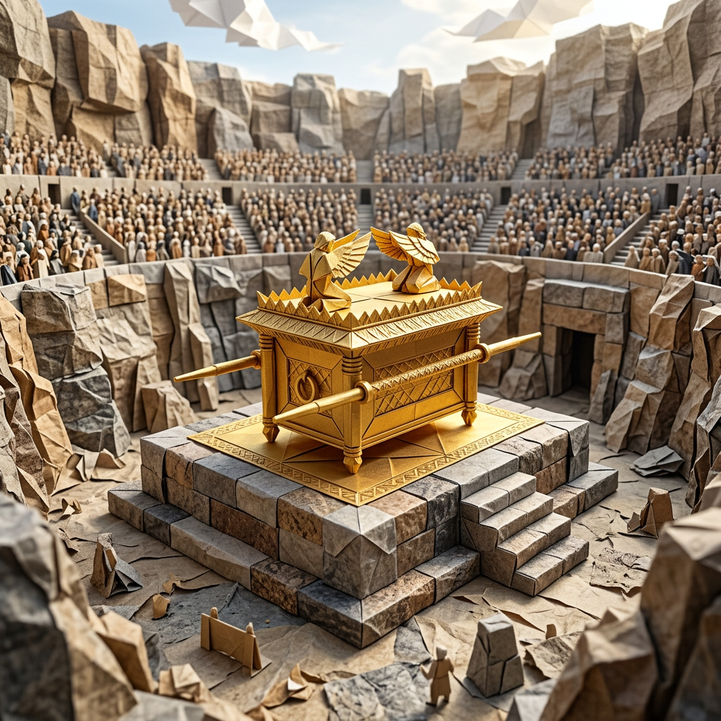 Golden ark with winged figures on platform inside stone amphitheater with crowd