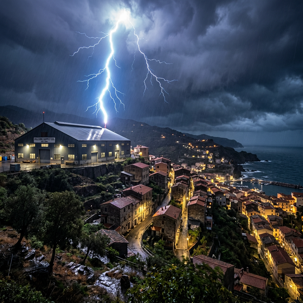 Lightning bolt striking a warehouse in a rainy coastal village at night