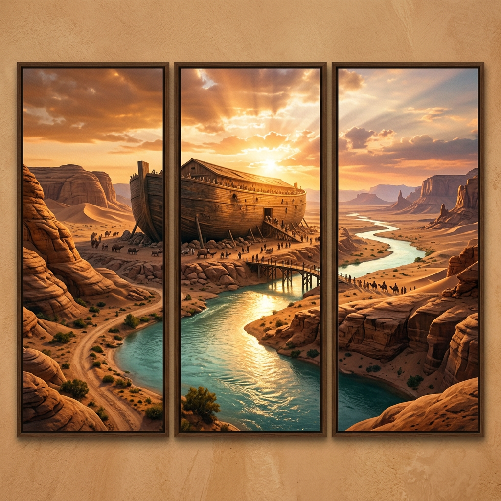 Noah's Ark on dry land at sunset with river and desert canyon in triptych panels