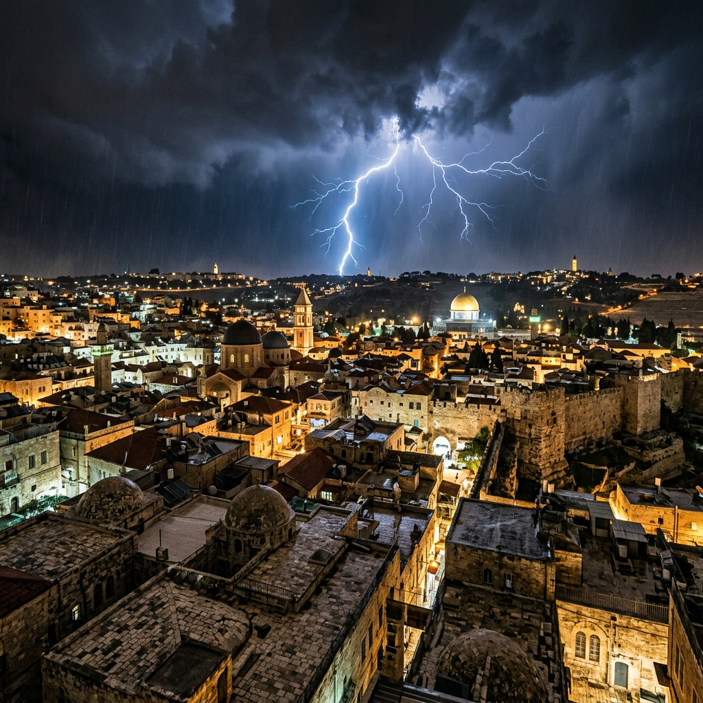 Nighttime view of a historic city with lightning in the sky and illuminated buildings