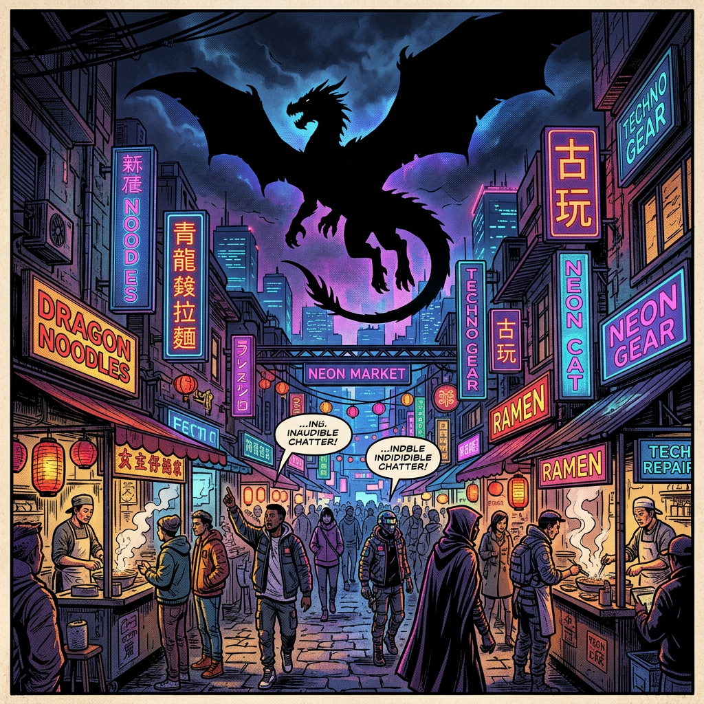 Crowded neon night market street with stall vendors and a large dragon silhouette overhead