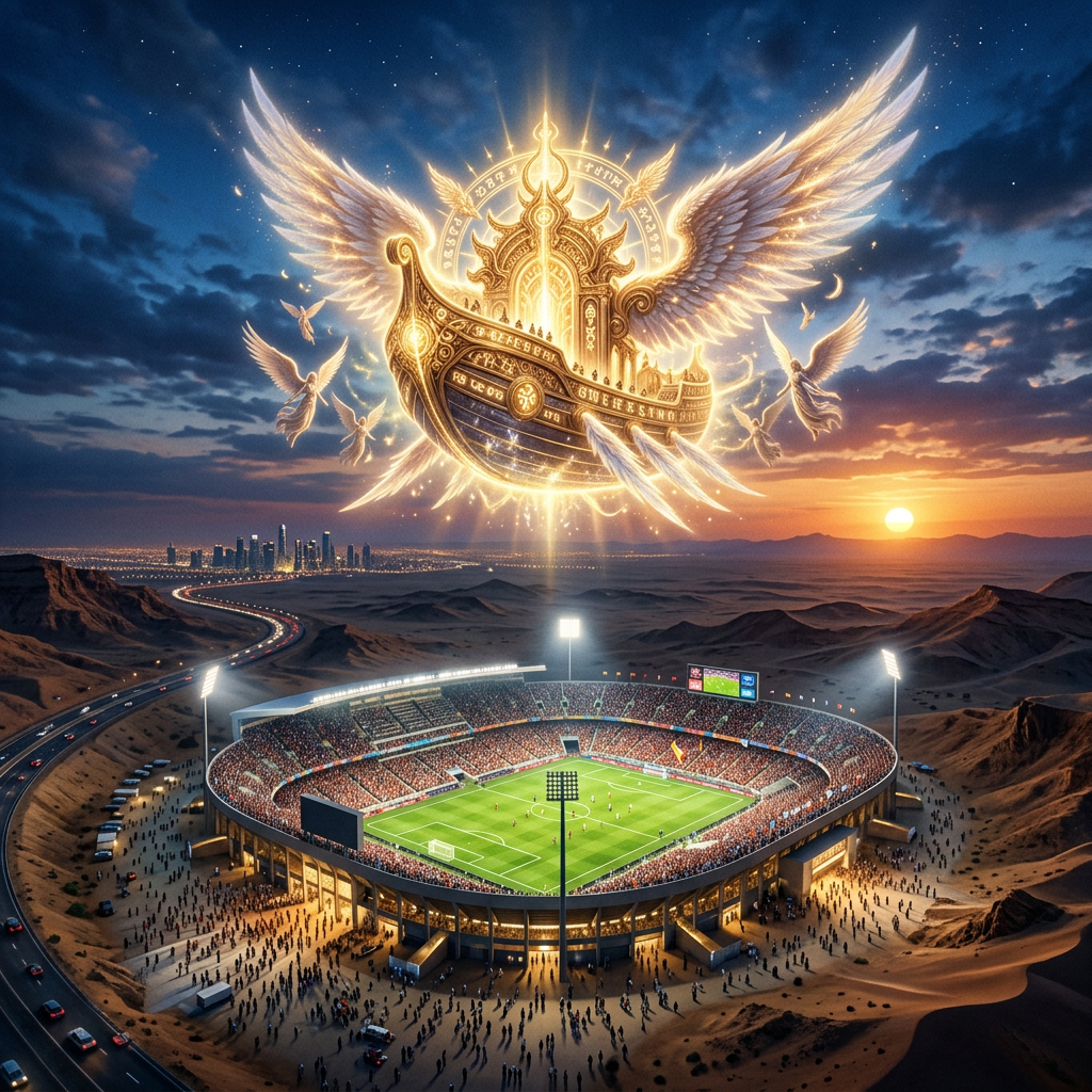 A glowing, ornate winged ship floating above a packed soccer stadium surrounded by desert hills and a distant city at sunset