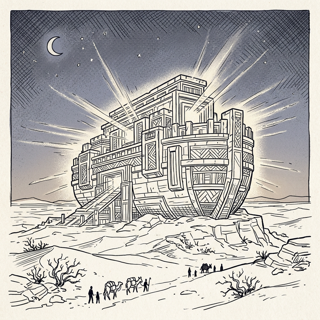 Glowing fortress in desert at night with crescent moon and travelers
