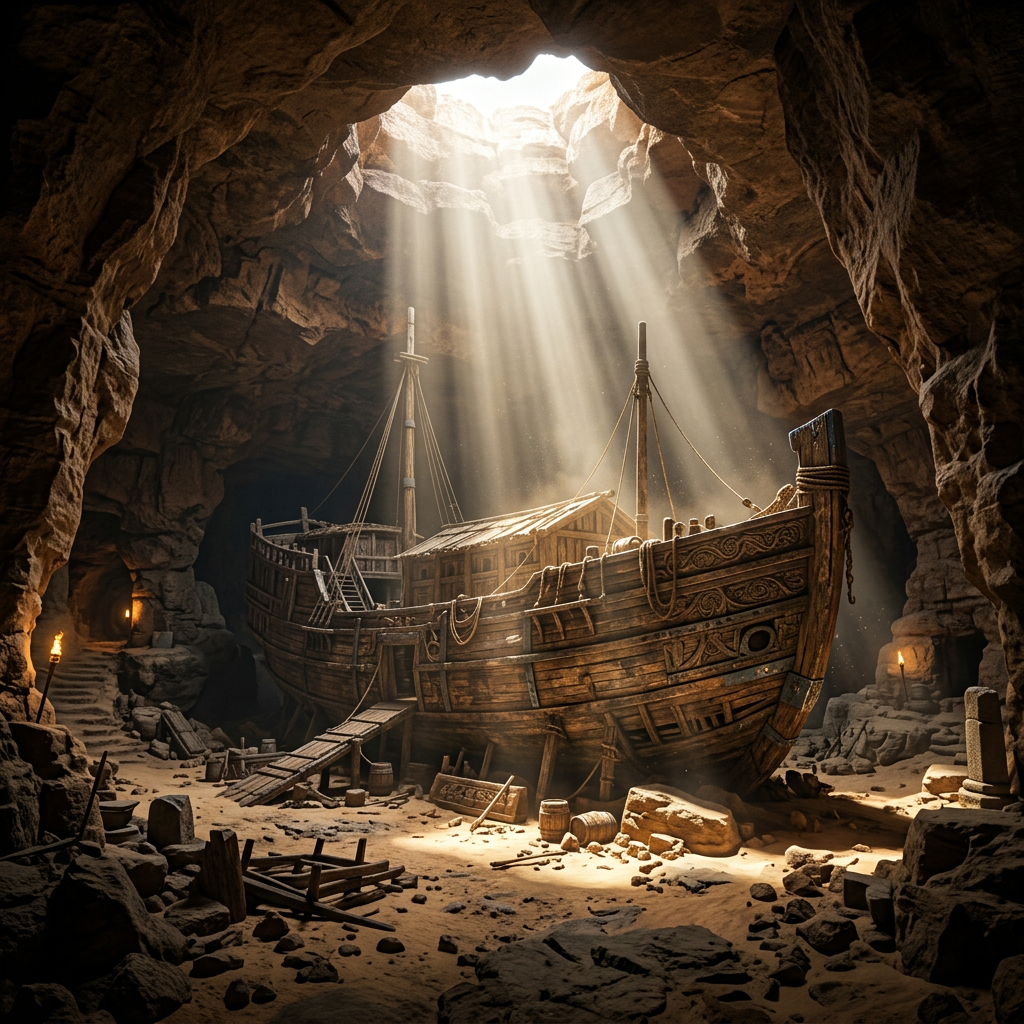 Ancient wooden ship docked inside a rocky cave with sun rays