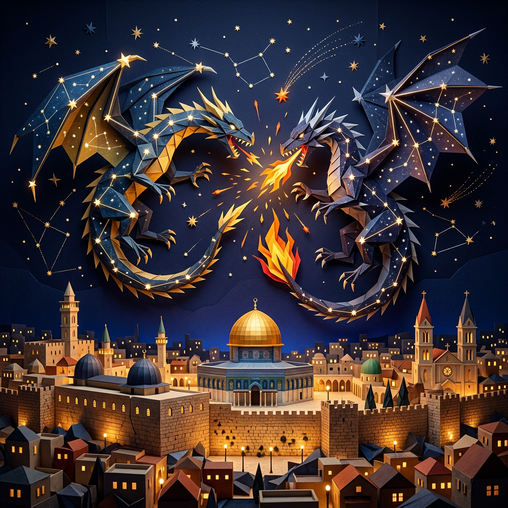 Two constellation dragons breathing fire above an ancient city with golden domes and lit buildings at night