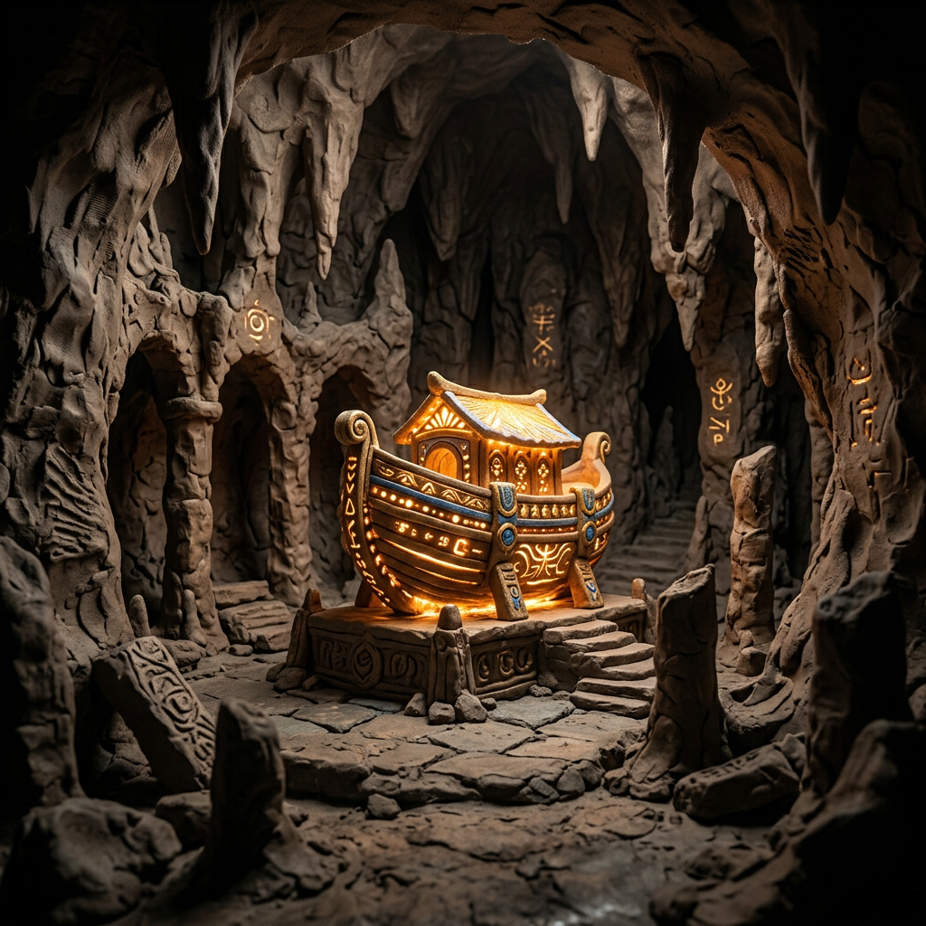 Glowing ornate boat-like artifact on stone pedestal within dimly lit cave with ancient carvings