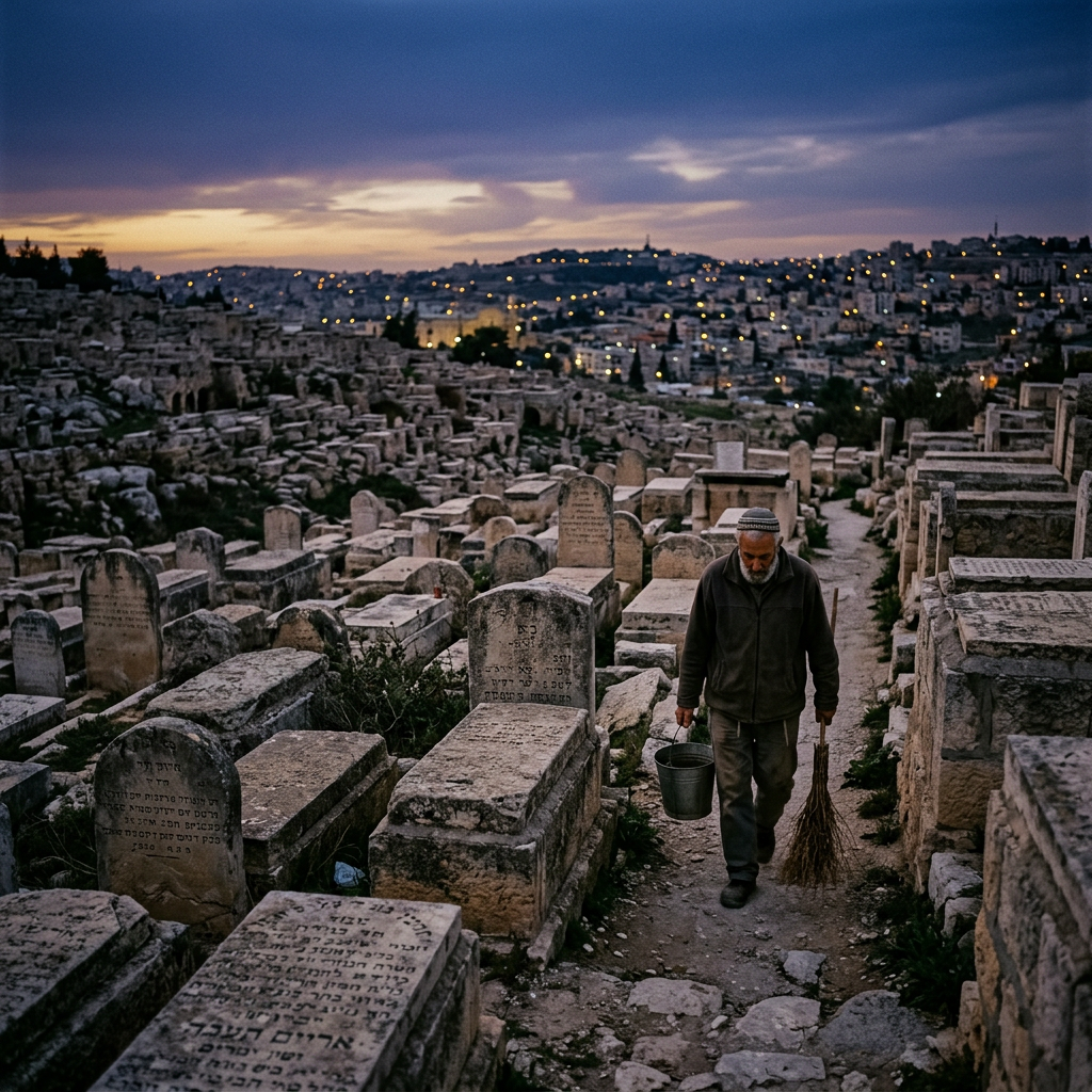 Elderly man walking through a historic cemetery at dusk carrying a bucket and broom