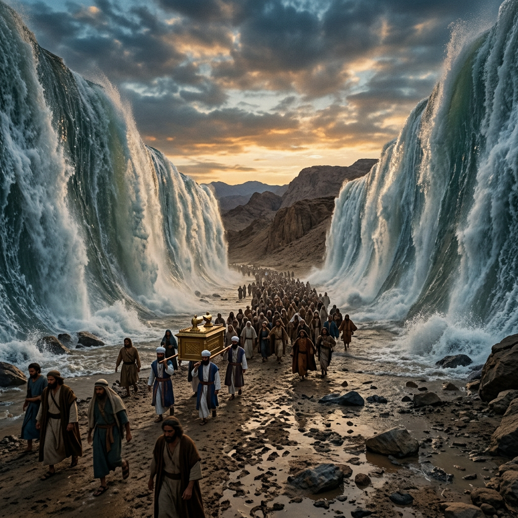 People walking between tall walls of parted water carrying an ornate chest