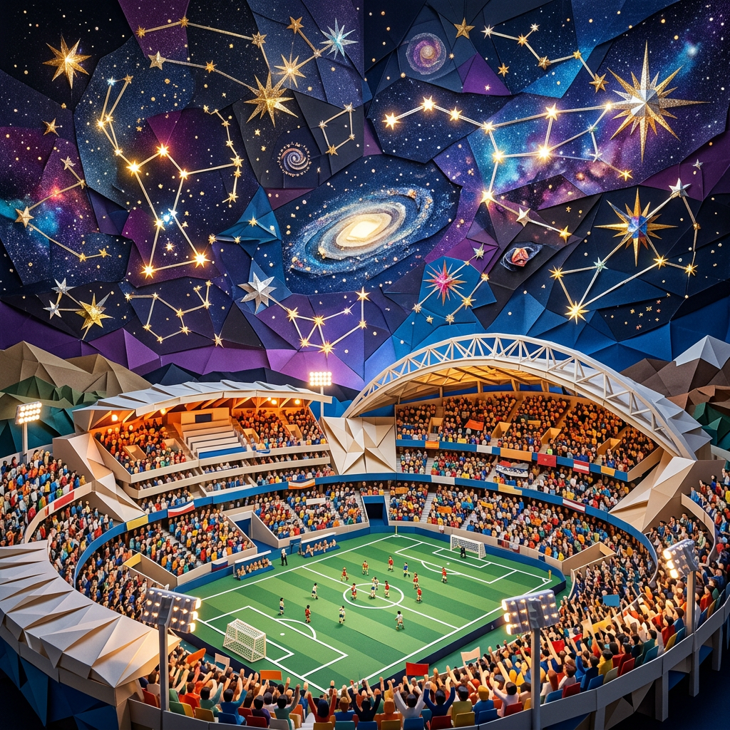 Soccer stadium with crowd playing under illustrated cosmic sky with constellations and galaxy