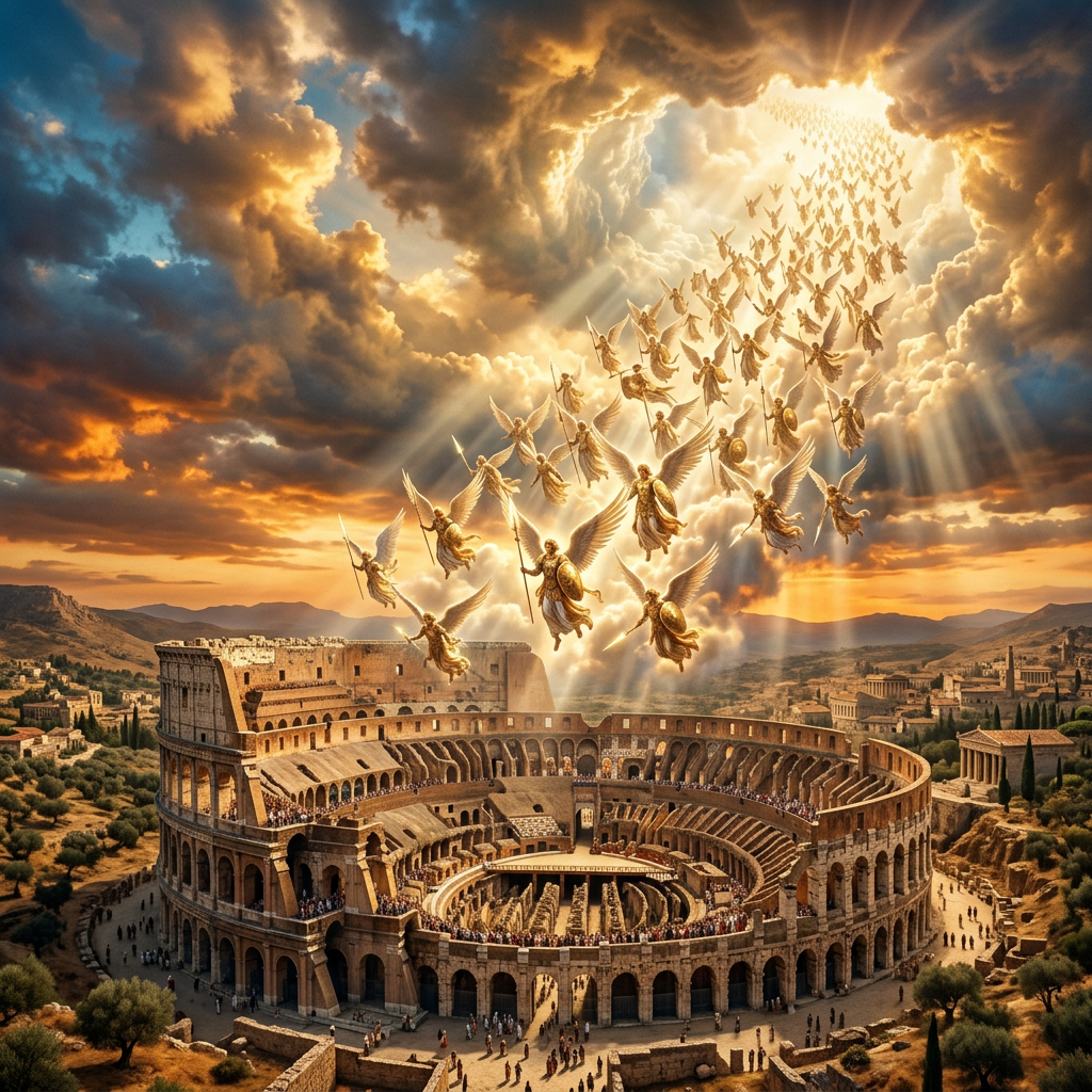 Golden angels flying upward from Roman Colosseum into illuminated clouds