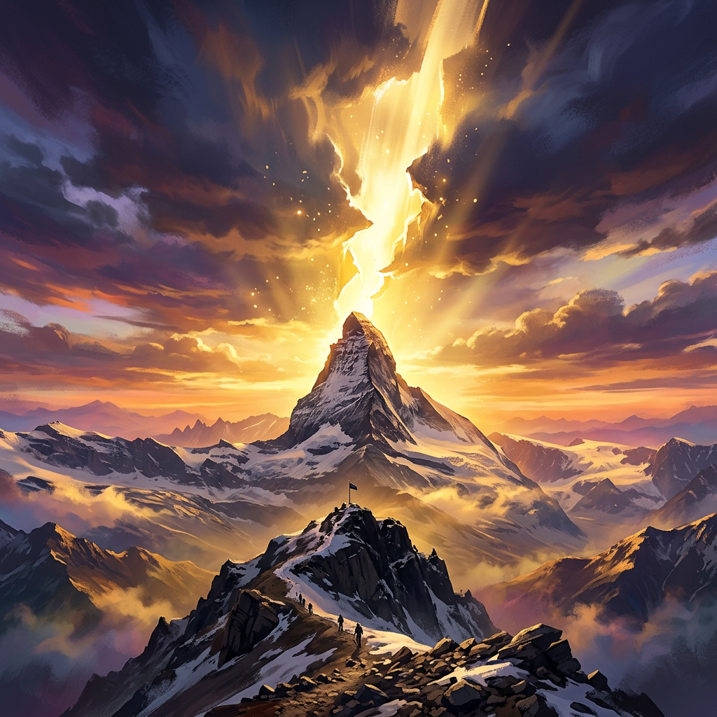 Mountain peak with glowing beam of light and hikers on rocky path