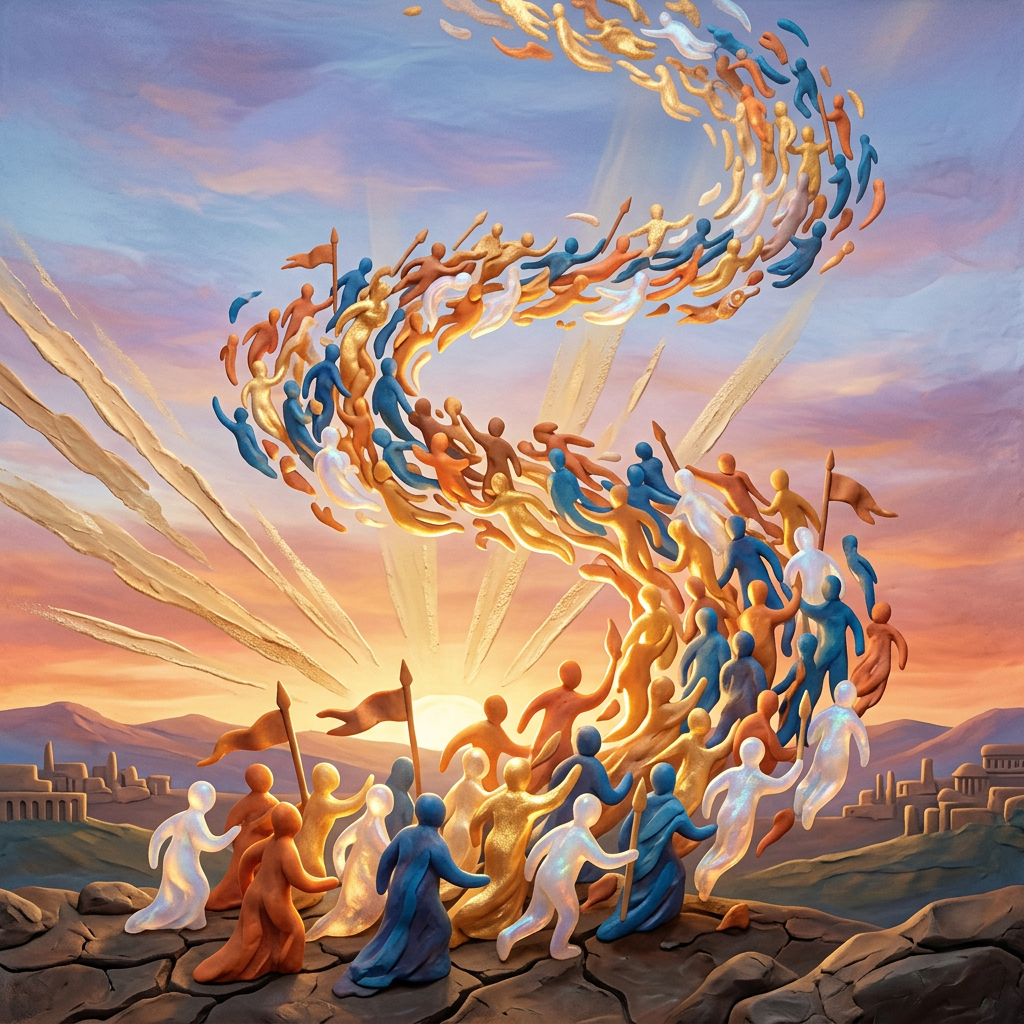 Glowing colorful humanoid figures swirling upward toward a sunrise over an ancient city landscape