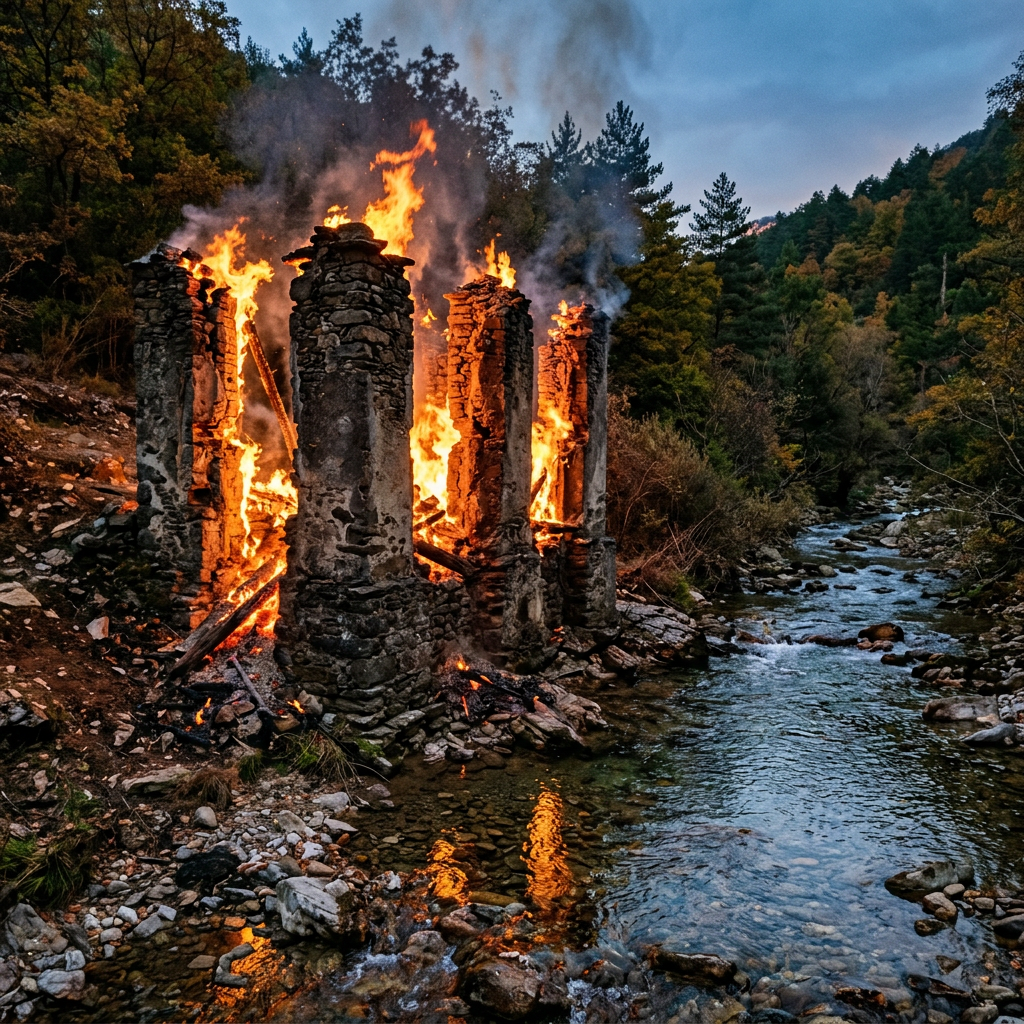 Stone pillars of an old ruin engulfed in bright flames beside a flowing river