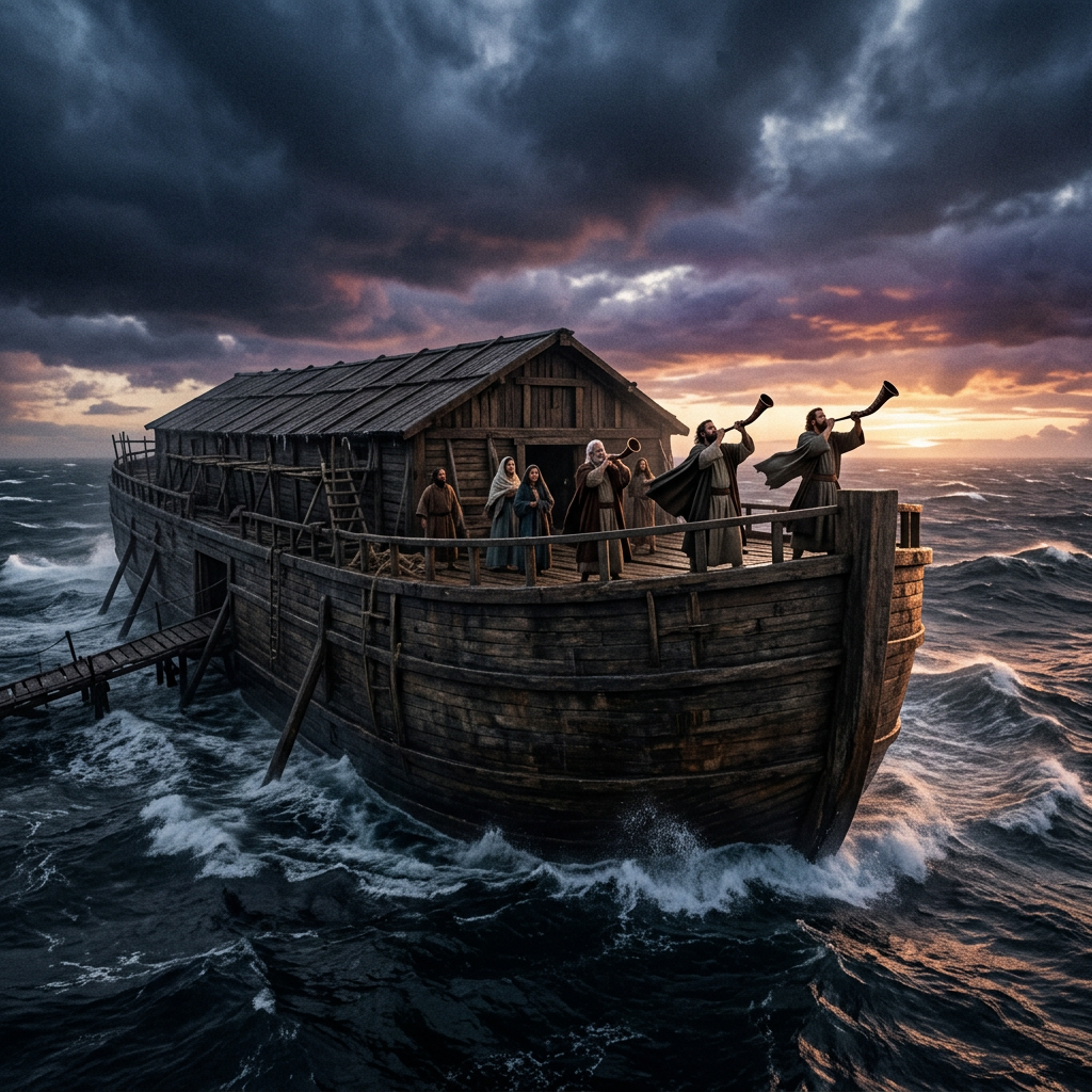 Wooden ark on stormy ocean with people blowing horns at sunset