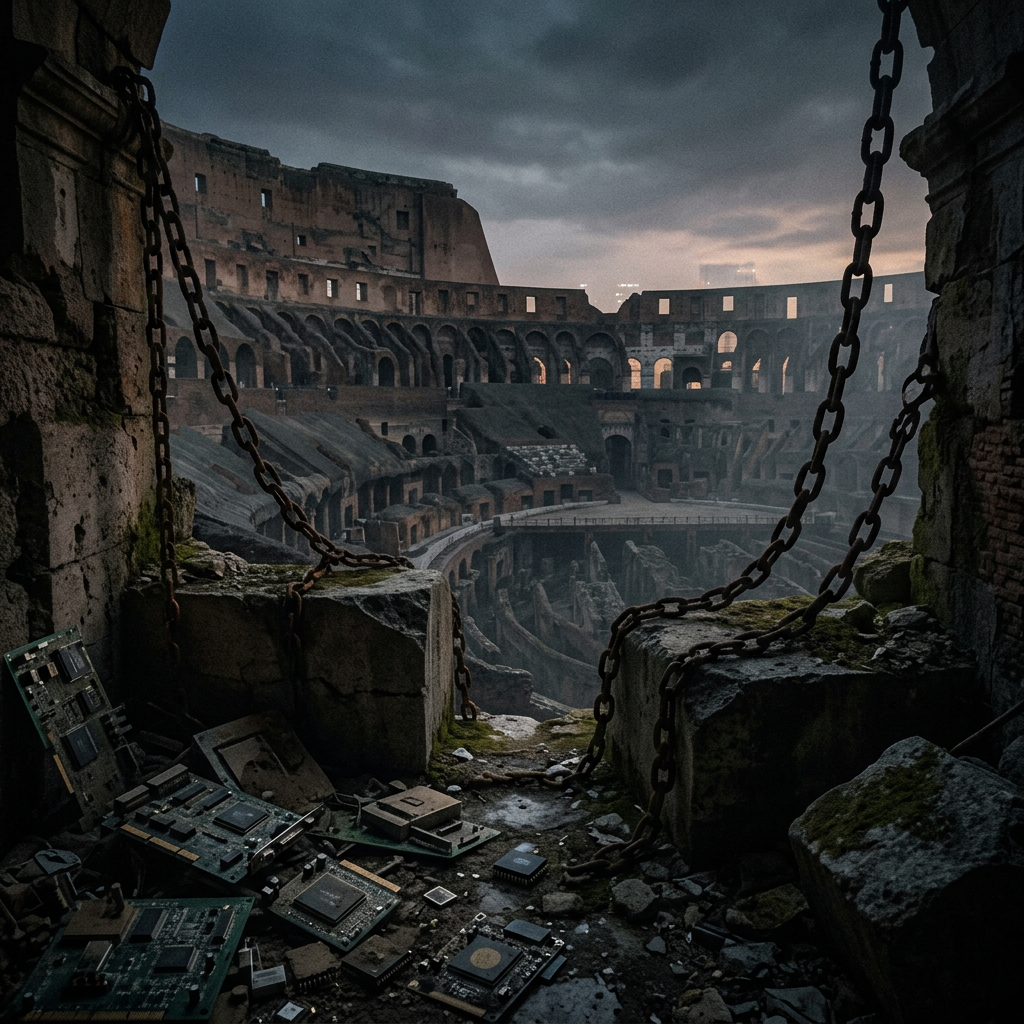 View inside the Colosseum with scattered computer circuit boards and chips on stone floor