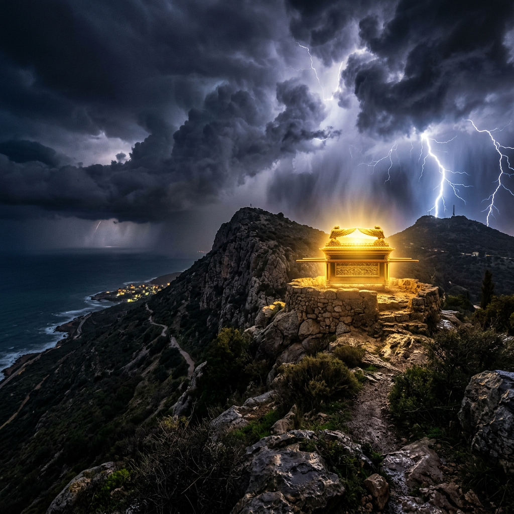 Golden ark glowing on rocky hill with lightning and dark storm clouds in background