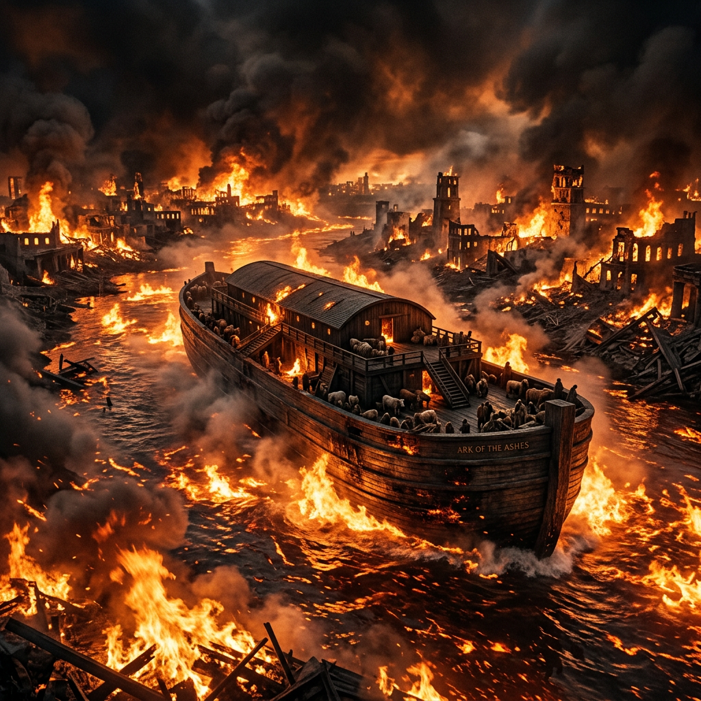 Wooden ark named 'Ark of the Ashes' sailing through fire and smoke with animals onboard in a burning city