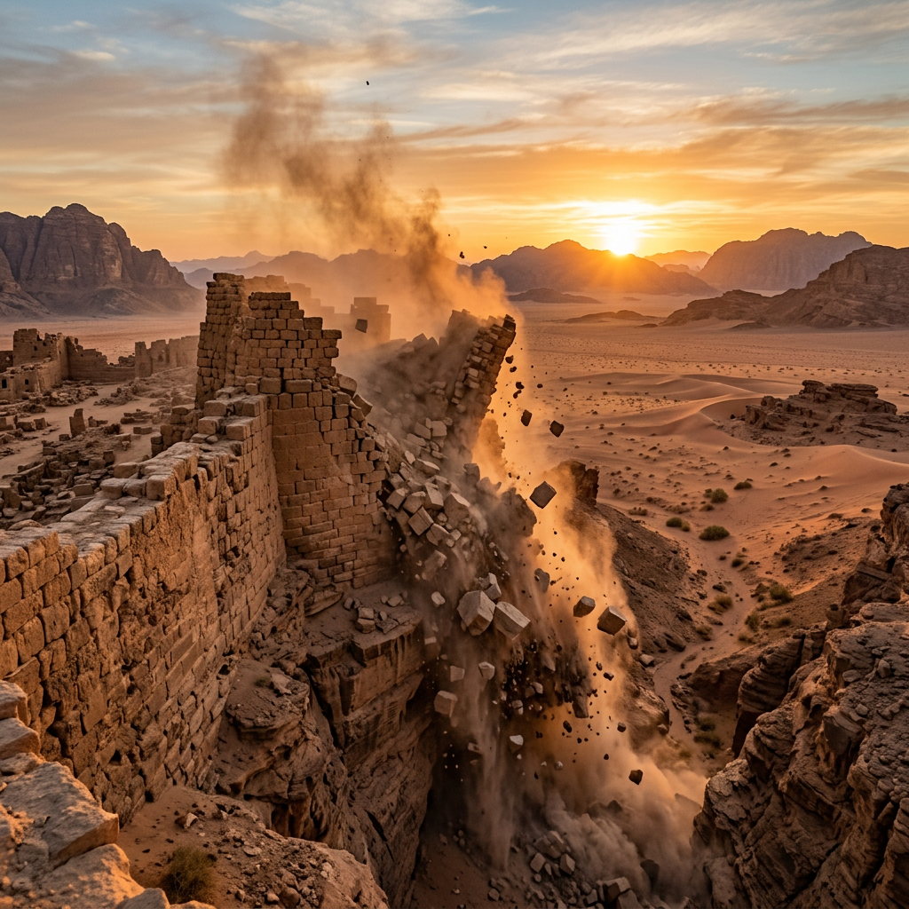 Ancient stone wall collapsing with dust in desert at sunset