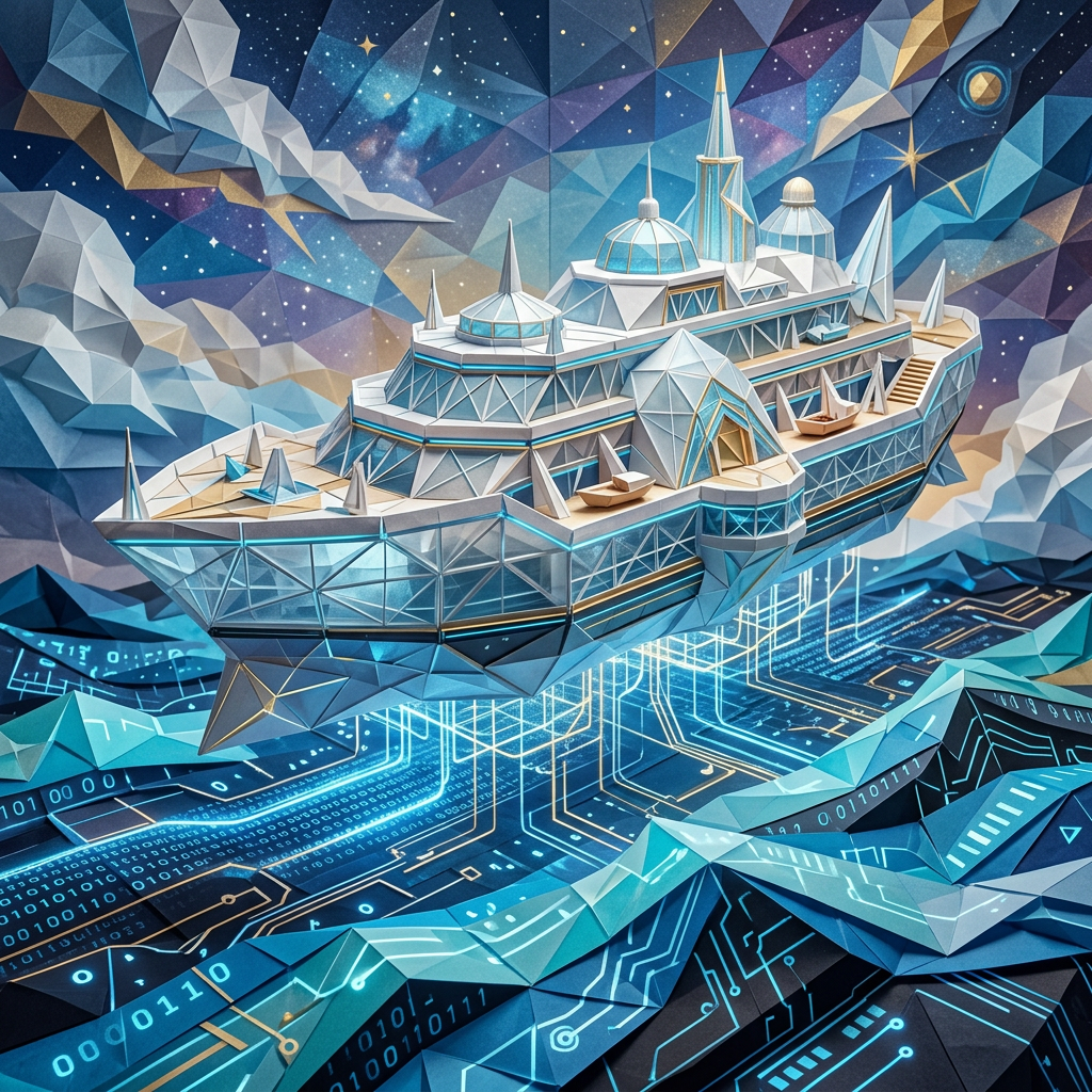 Futuristic cruise ship hovering over digital circuit board waves under a starry sky