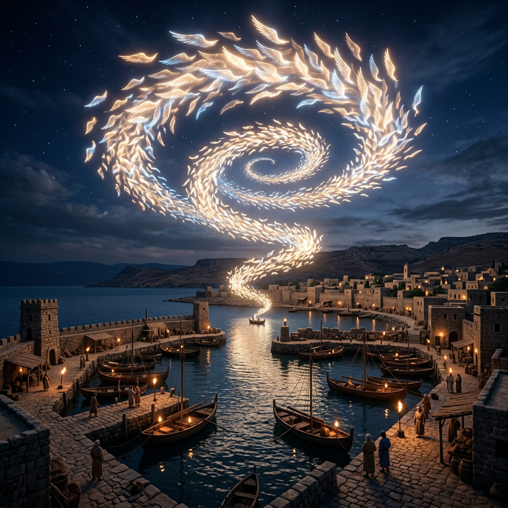 Glowing birds forming a spiral over a medieval harbor with boats and stone buildings at night