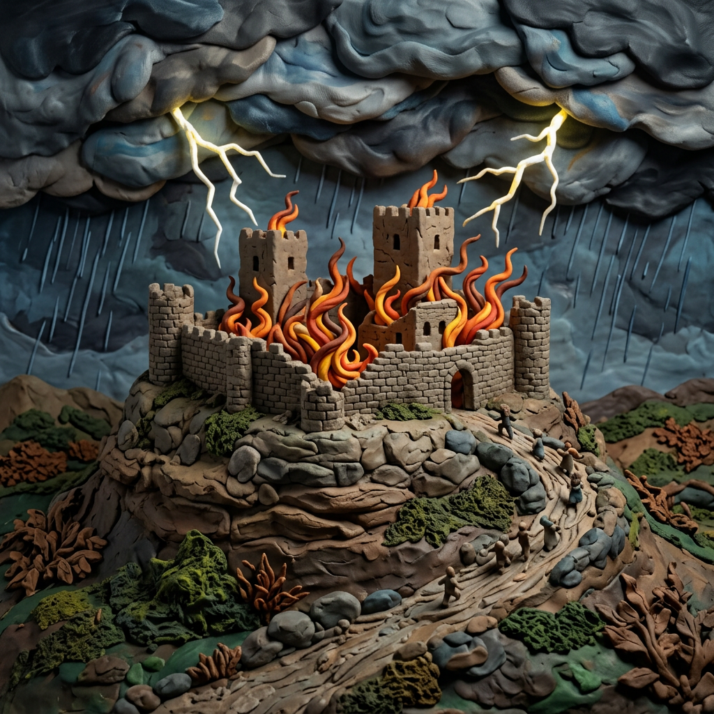 Clay model of fortress on hill with orange flames under stormy sky and lightning