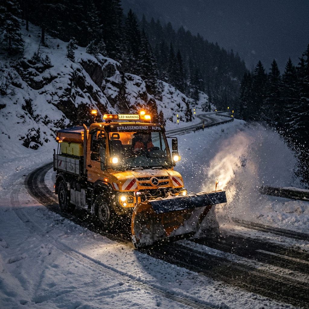 Snowplow truck with orange lights clearing snow on winding mountain road at night