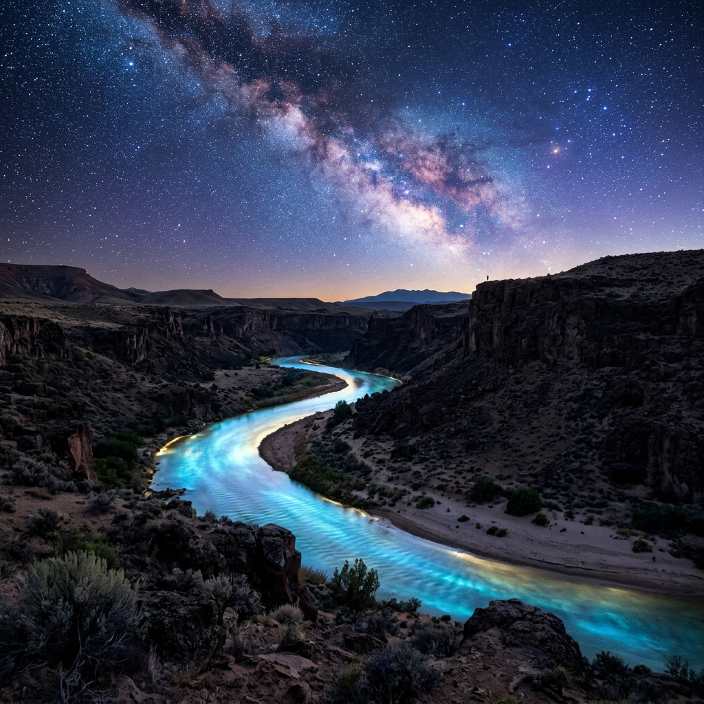 River flowing through a canyon under a starry night sky with the Milky Way visible