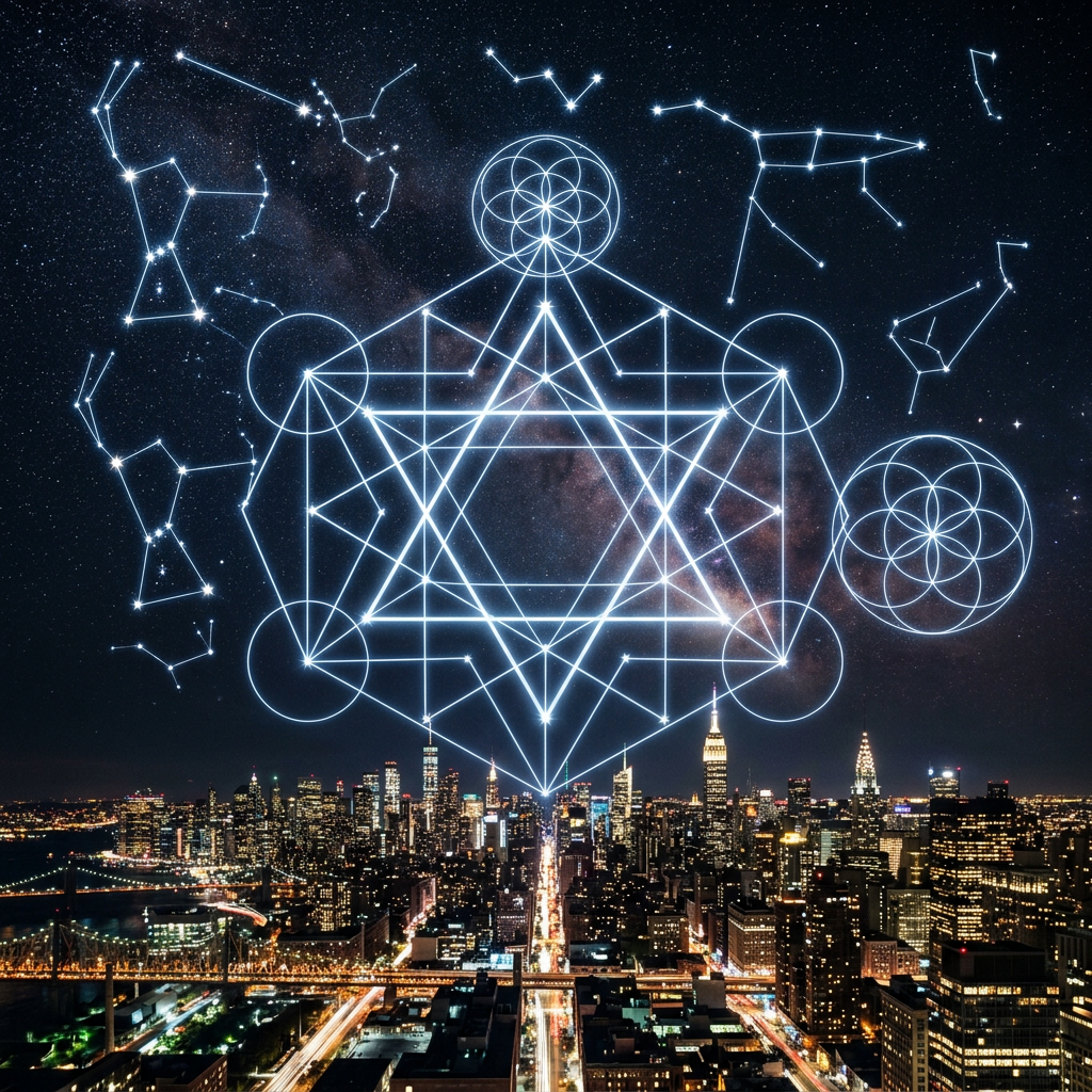 Night city skyline with illuminated geometric constellation patterns in the sky