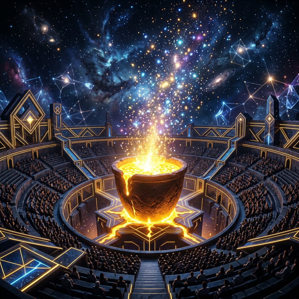 A large arena with seated audience encircling a central cauldron glowing with bright molten light and magical sparks under a starry cosmic sky