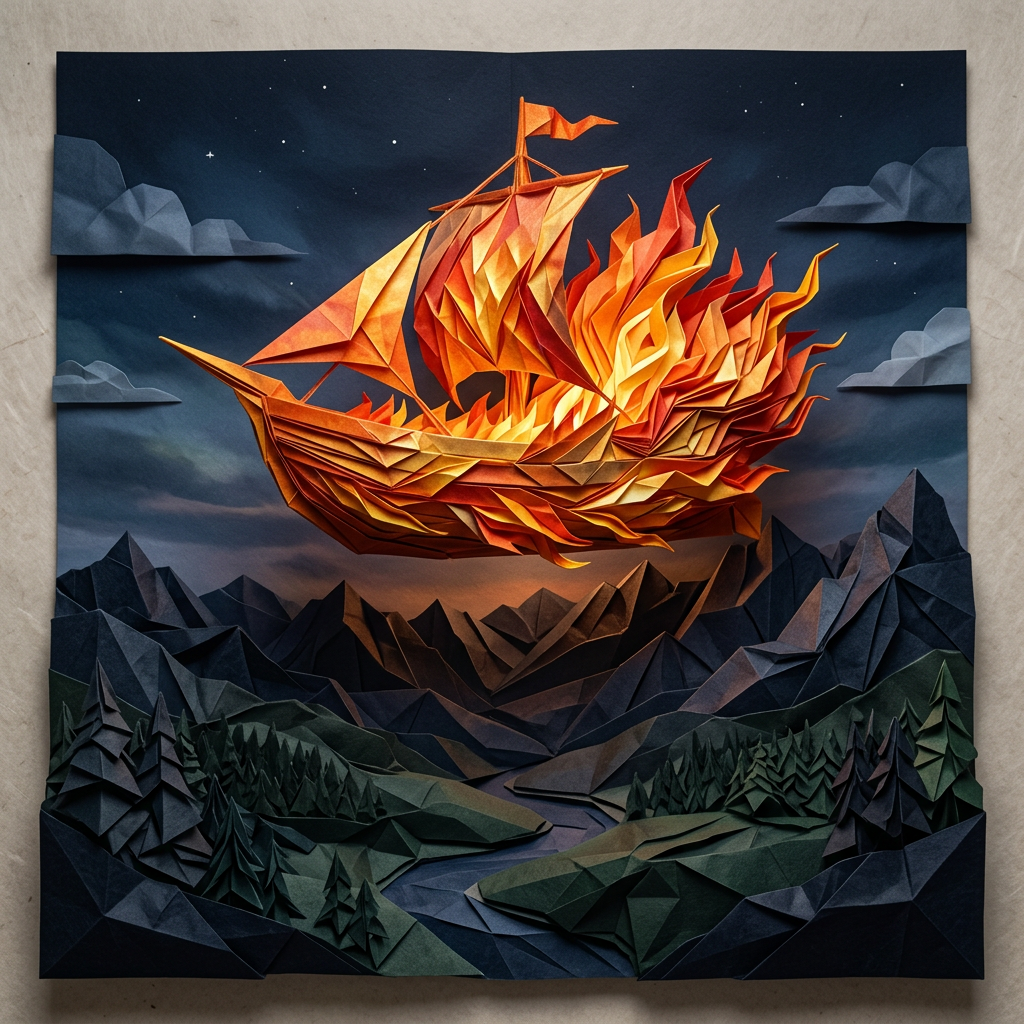 Paper art ship on fire flying over valley with mountains and pine trees at night